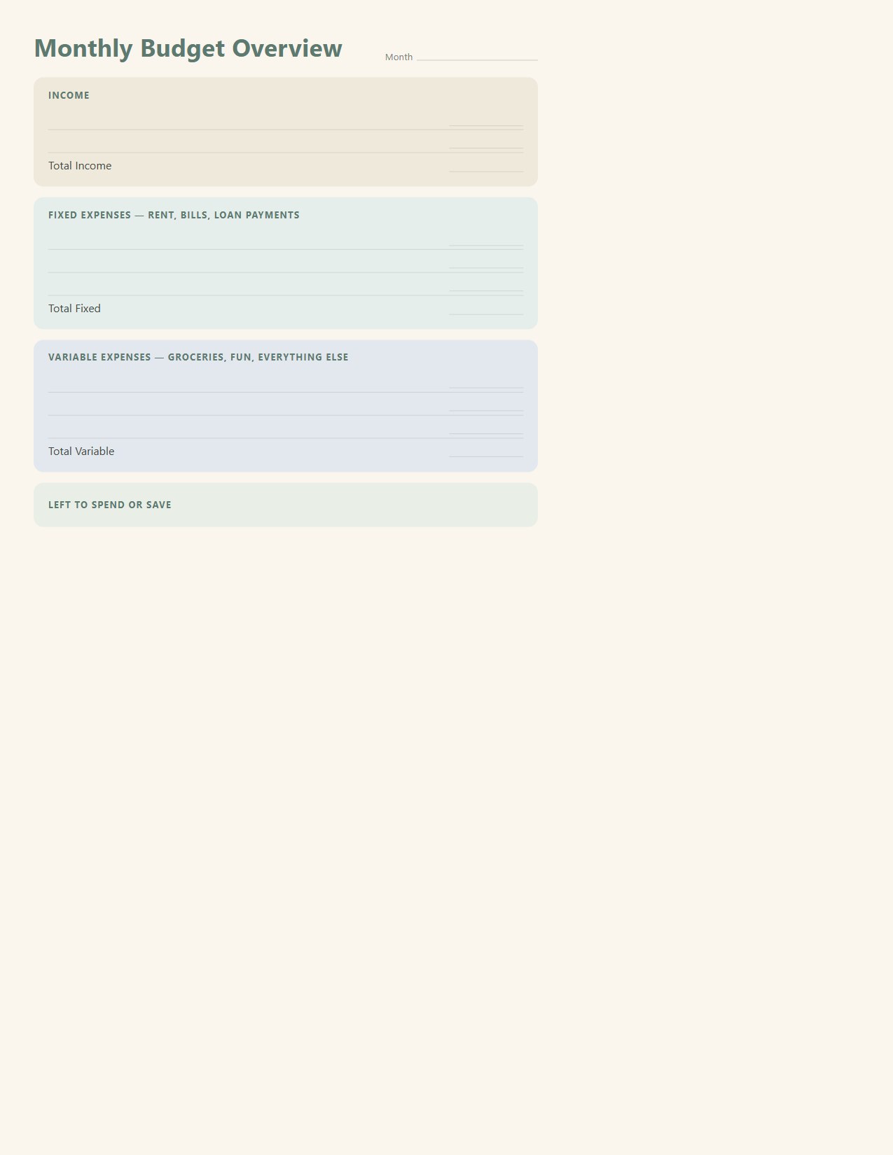 Monthly budget overview page with income, fixed expenses, variable expenses and left-to-spend sections
