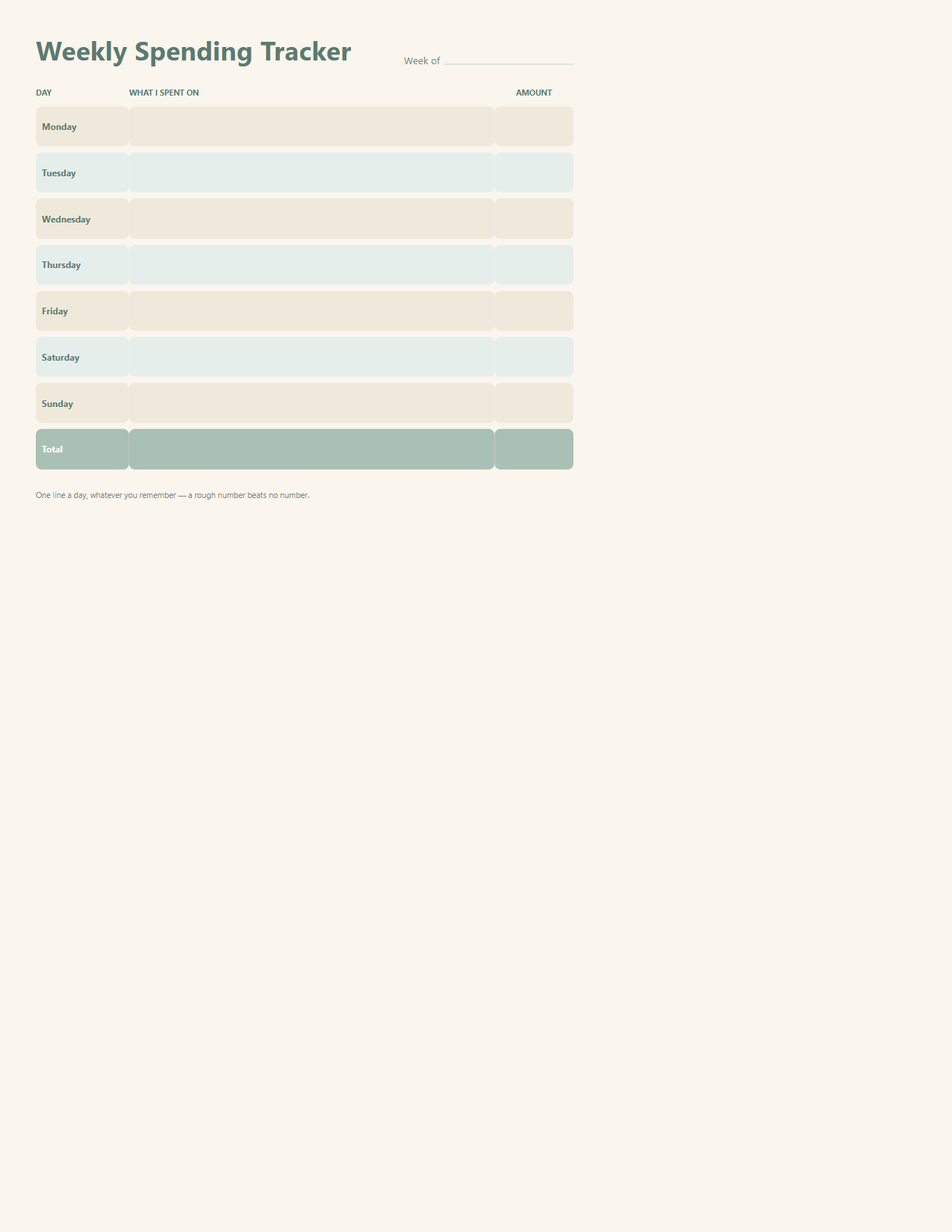 Weekly spending tracker page with one row per day and a total row