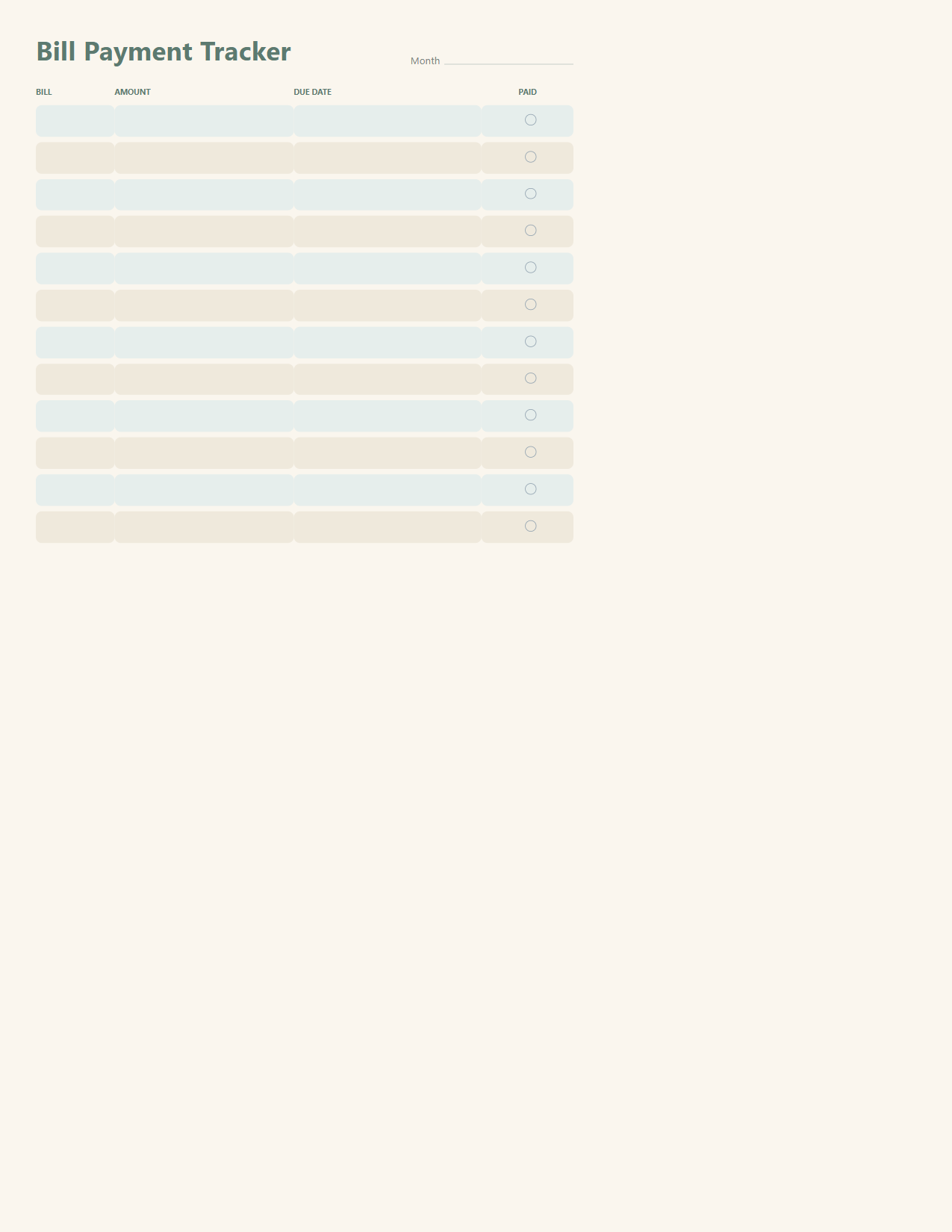 Bill payment tracker page with amount, due date and a paid check circle