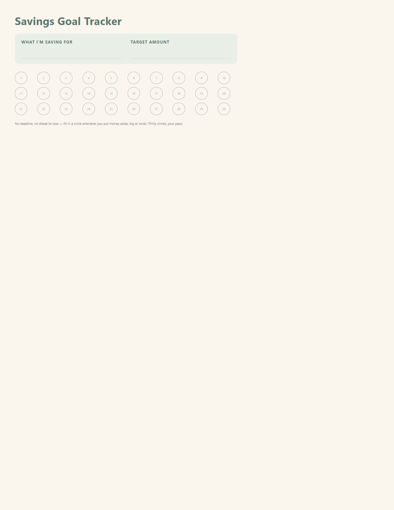 Savings goal tracker page with thirty fill-in circles and no deadline