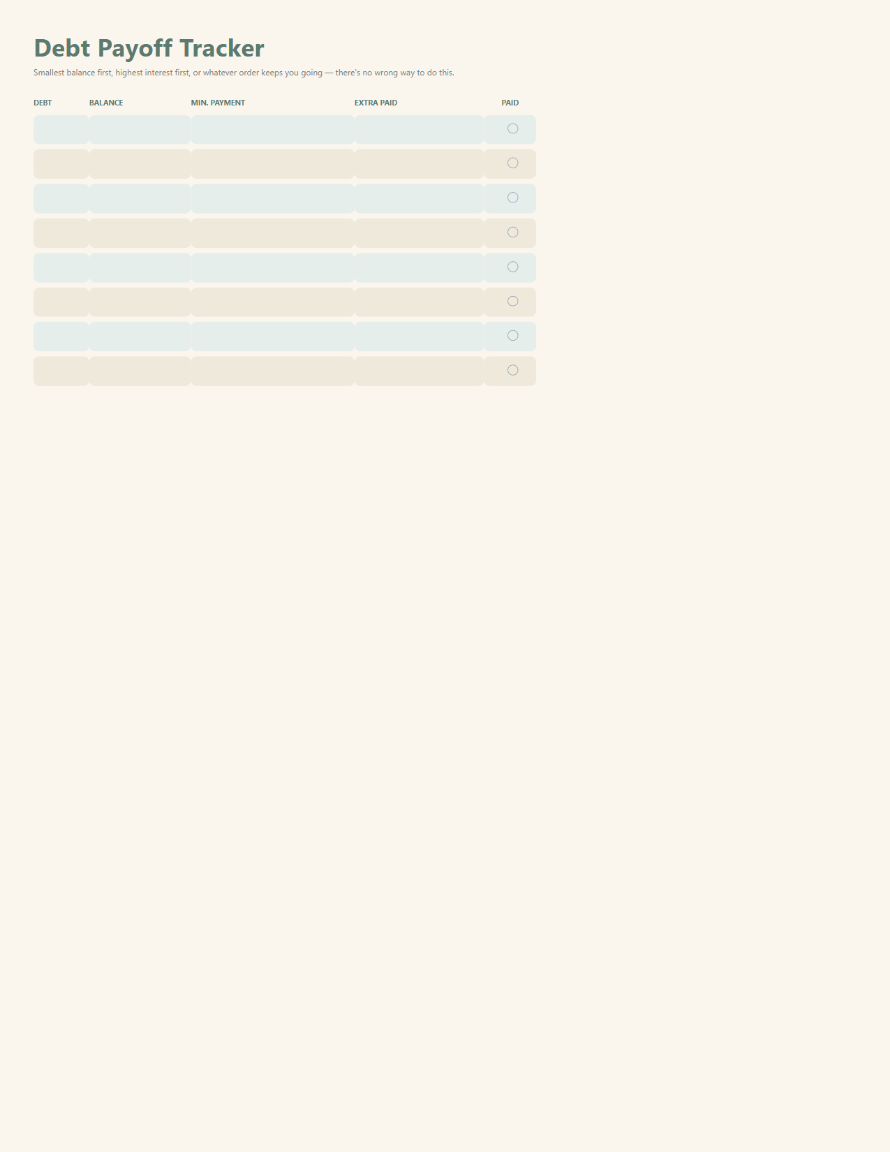 Debt payoff tracker page with balance, minimum payment and extra paid columns