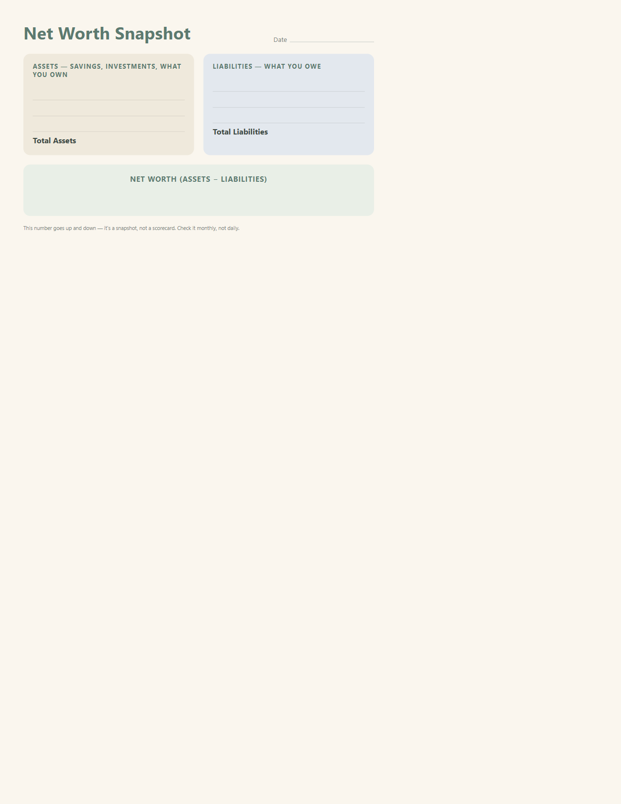 Net worth snapshot page with assets and liabilities columns and a final net worth box